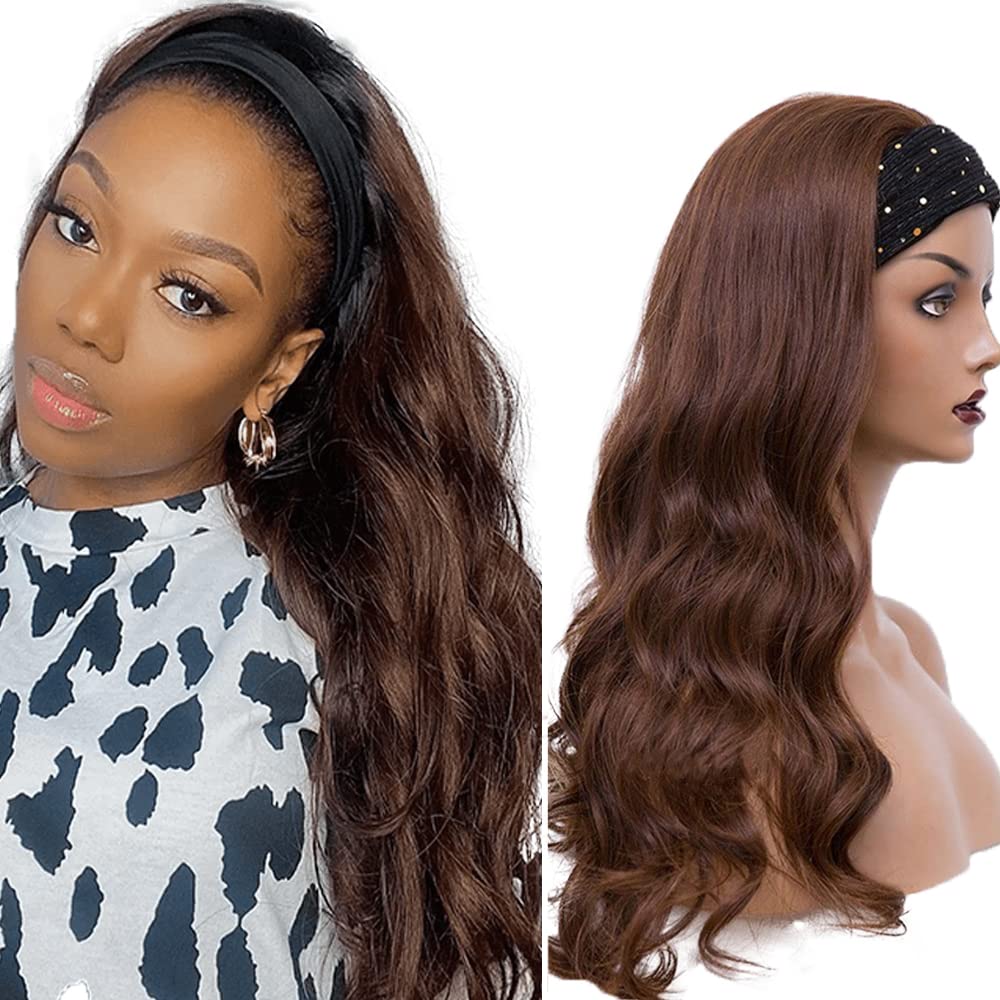 YiweYowe #4 Chocolate Brown Body Wave Headband Wig Human Hair 22 Inch #4 Brown Color 150% Density Brazilian Virgin Hair Glueless None Lace Front Wig Wear and Go Wigs for Black Women