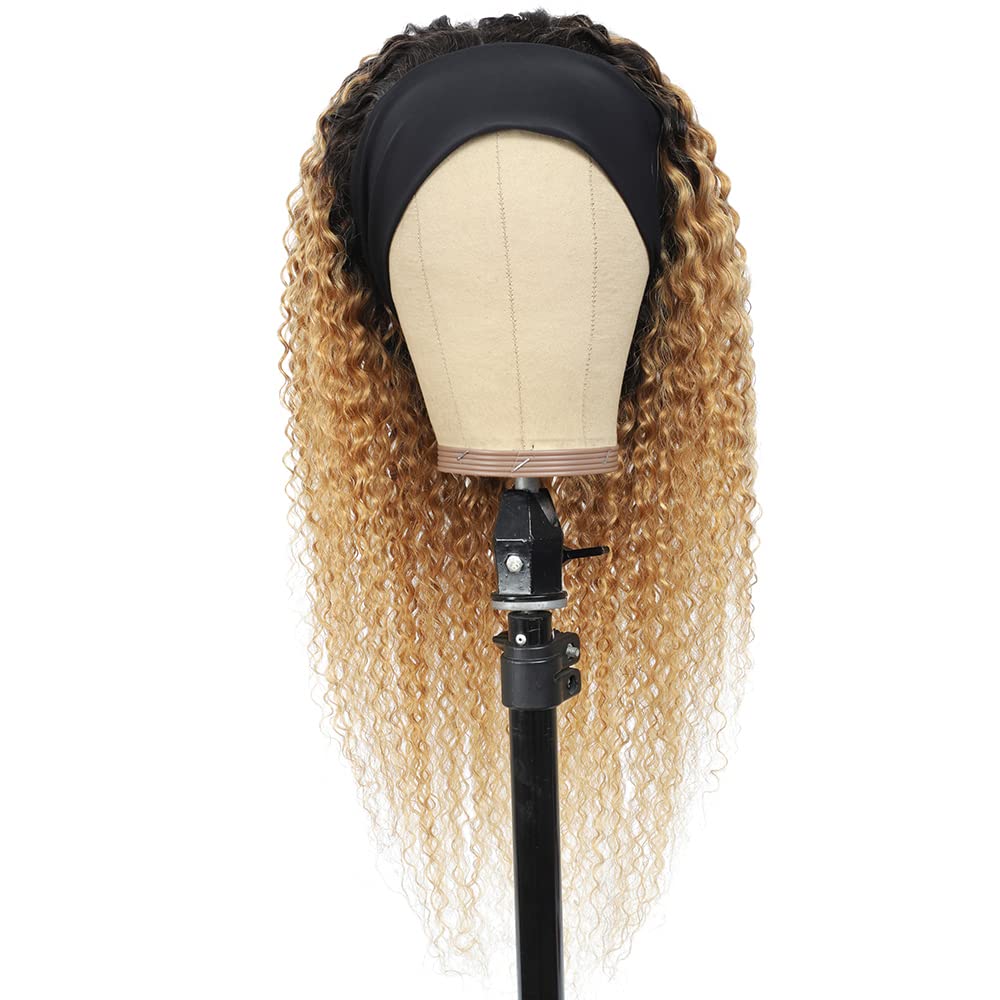YiweYowe 22 Inch Ombre Headband Wig Human Hair Blonde 1b27 Colored Glueless No Lace Wig 150% Density Brazilian Virgin Hair Machine Made Wig 1B27 Curly Wave Honey Blonde Wig Human Hair