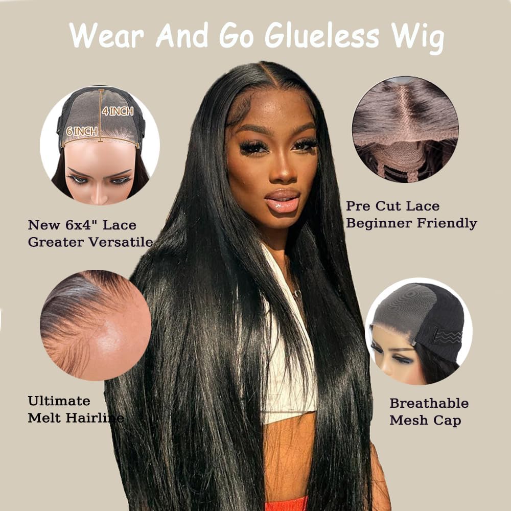 Wear and Go Glueless Wigs Human Hair Pre Plucked Pre Cut For Beginners 20 Inch Straight Lace Front Wigs Human Hair Glueless 6x4 HD Lace Closure Wigs Human Hair Straight wigs Human Hair for Women