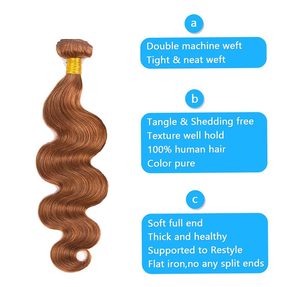 #30 Brown Body Wave Bundles Human Hair Light Brown Body Wave Bundles Color 30 Brown Human Hair Bundles Double Weft Brazilian Human Hair Wet and Wavy Extensions 24 26 28 inch 3 Bundles