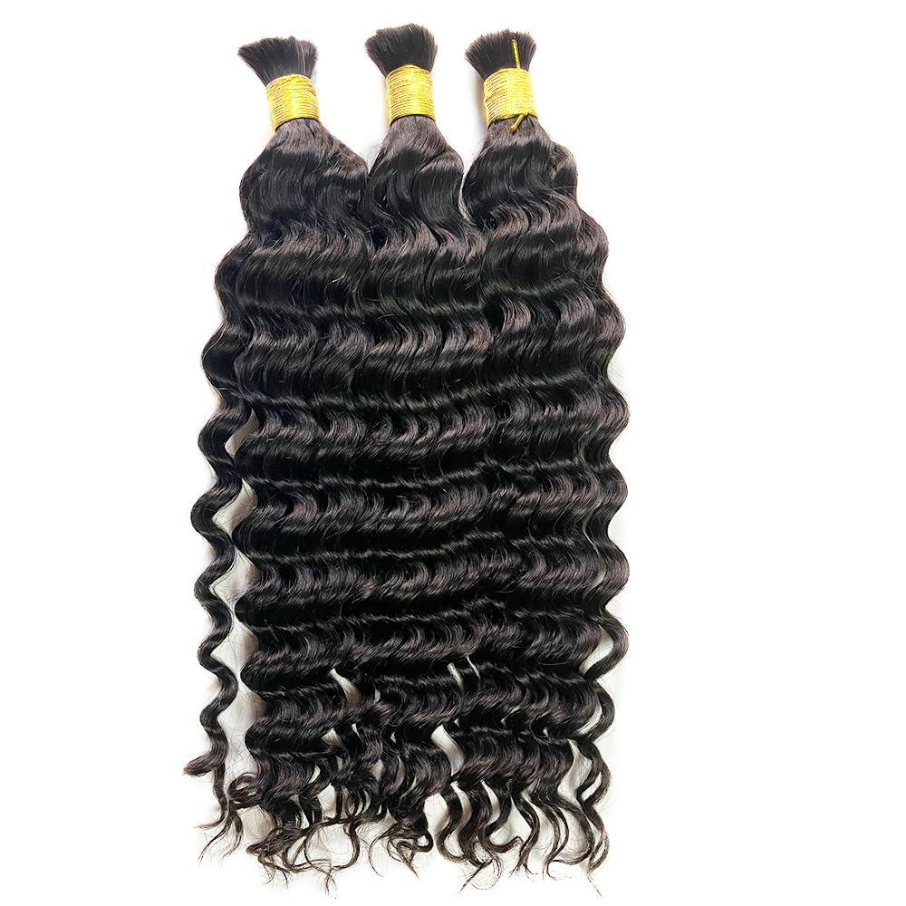 TIJRLGVBN Boho Knotless Braids Human Hair Micro Braids Extension Hair Deep Curly Human Bulk Hair 16 Inch 1pack (3bundles(300g) Natural Black Color