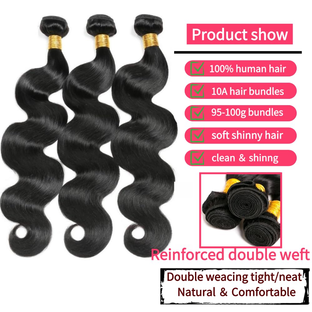 Body Wave Bundles Human Hair 12 14 16 Inch Brazilian Body Wave Human Hair 3 Bundles Natural Black Virgin Human Hair Extensions Unprocessed Wavy Human Hair Bundles for Women