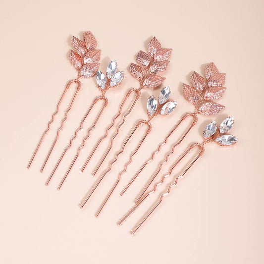 Xerling Bride Wedding Hair Pins Crystal Leaf Hair Pieces for Women Boho Hair Accessories for Bridesmaids Vintage Handmade Hair Jewelry 6Pcs (Rose Gold)
