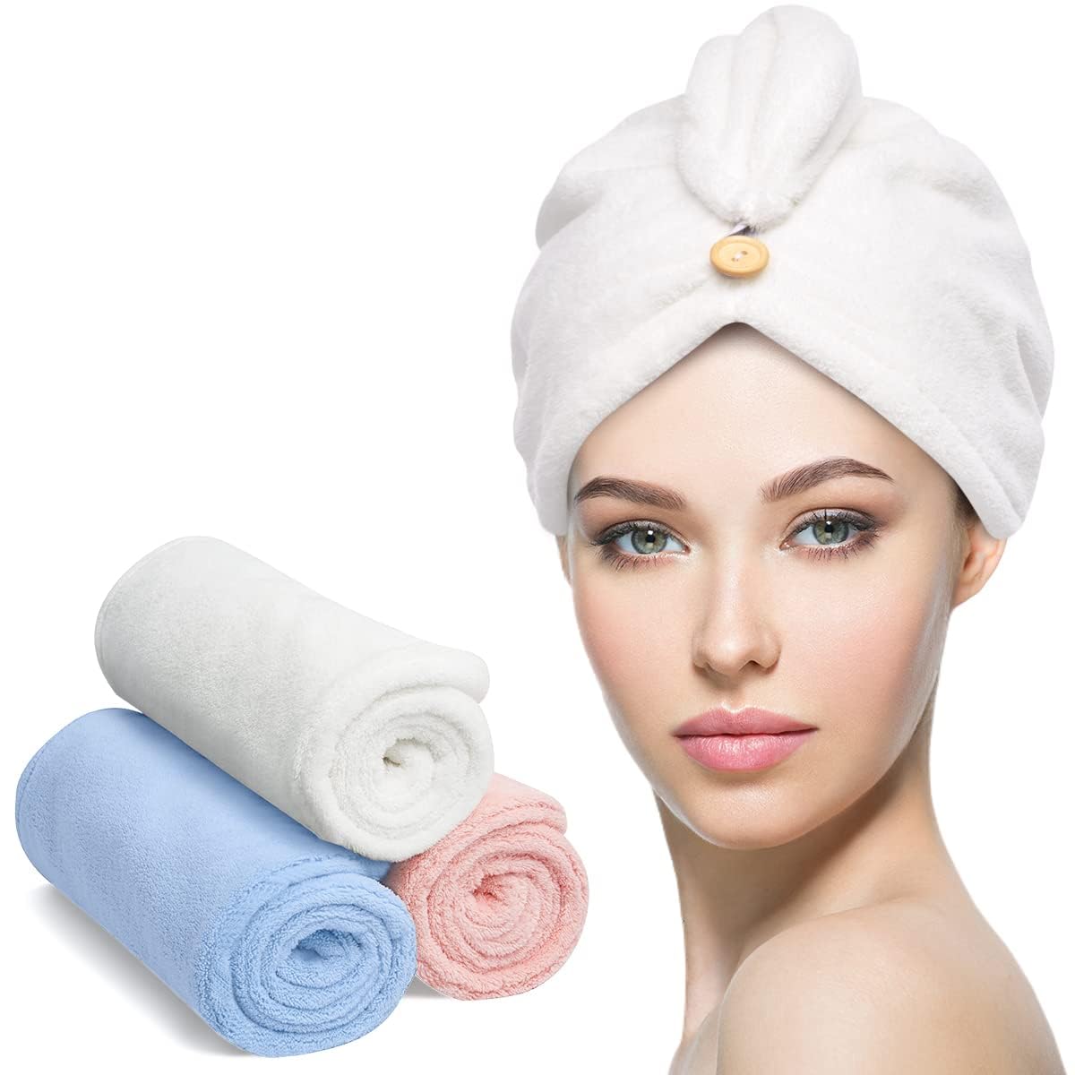 YFONG Microfiber Hair Towel 3 Pack, Hair Towel with Button, Super Absorbent Hair Towel Wrap for Curly Hair, Fast Drying Hair Turban Towel for Women, Anti Frizz Microfiber Towel