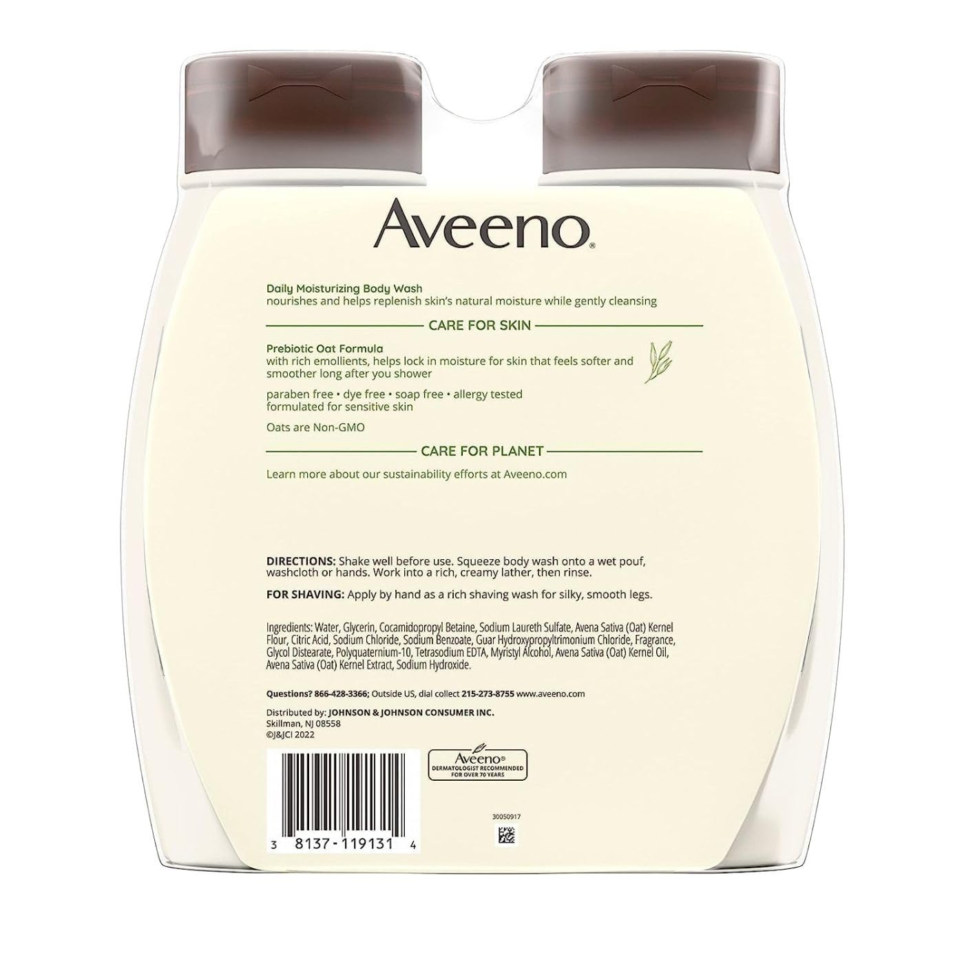 Aveeno Daily Moisturizing Body Wash, Body Wash for Dry Skin with Soothing Oat, Creamy Shower Cleanser, Gentle, Soap-Free and Dye-Free, Lightly Scented Body Wash, 33 FL OZ