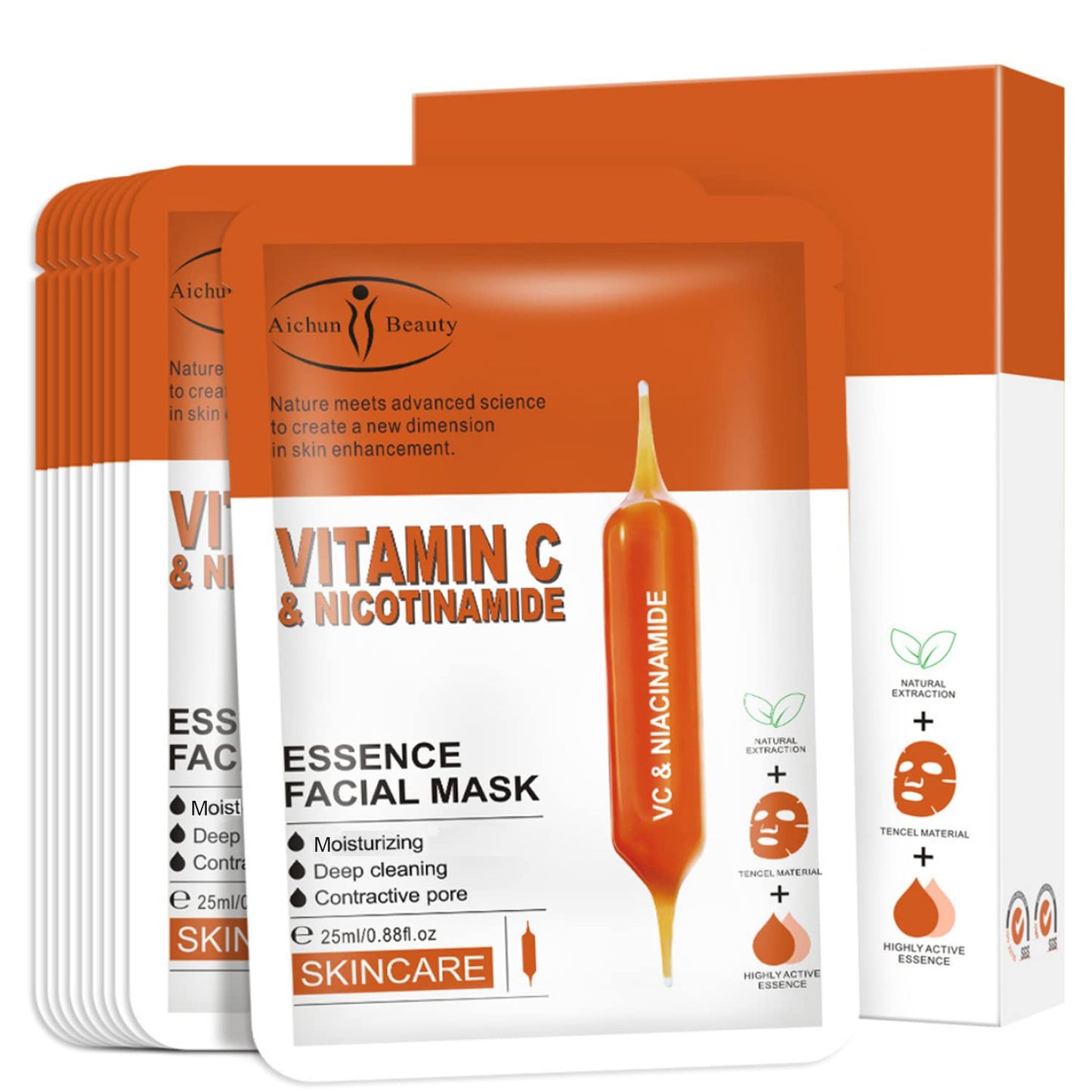 AICHUN BEAUTY Essence Facial Mask Tencel Material Anti-acne Anti-wrinkles After Sun Moisturizing Deep Cleaning Contractive Pore 25ml/0.88fl.oz X 10pcs (VITAMIN C & NICOTINAMIDE(10pcs))