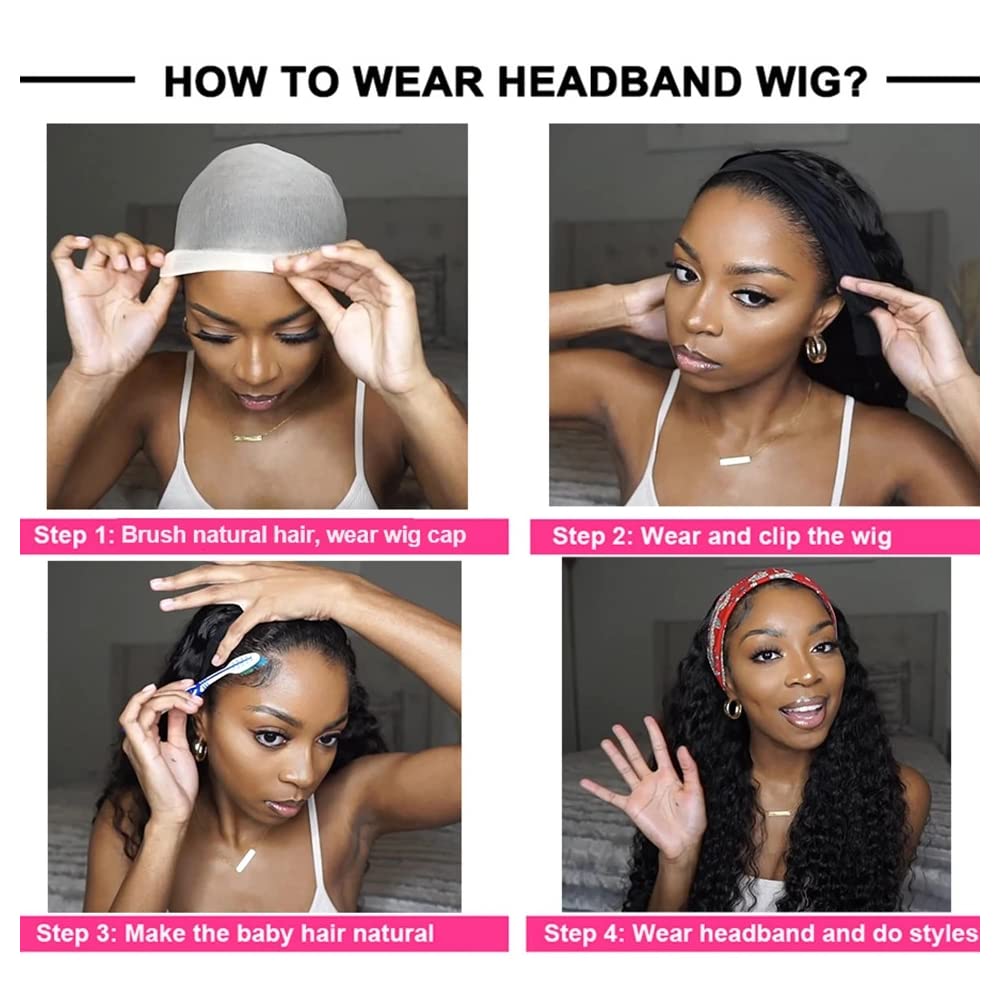 YiweYowe 32 Inch #4 Brown Deep Curly Wave Headband Wig Human Hair #4 Color Glueless None Lace Front Wig 150% Density Brazilian Virgin Hair Deep Curly Wigs for Black Women