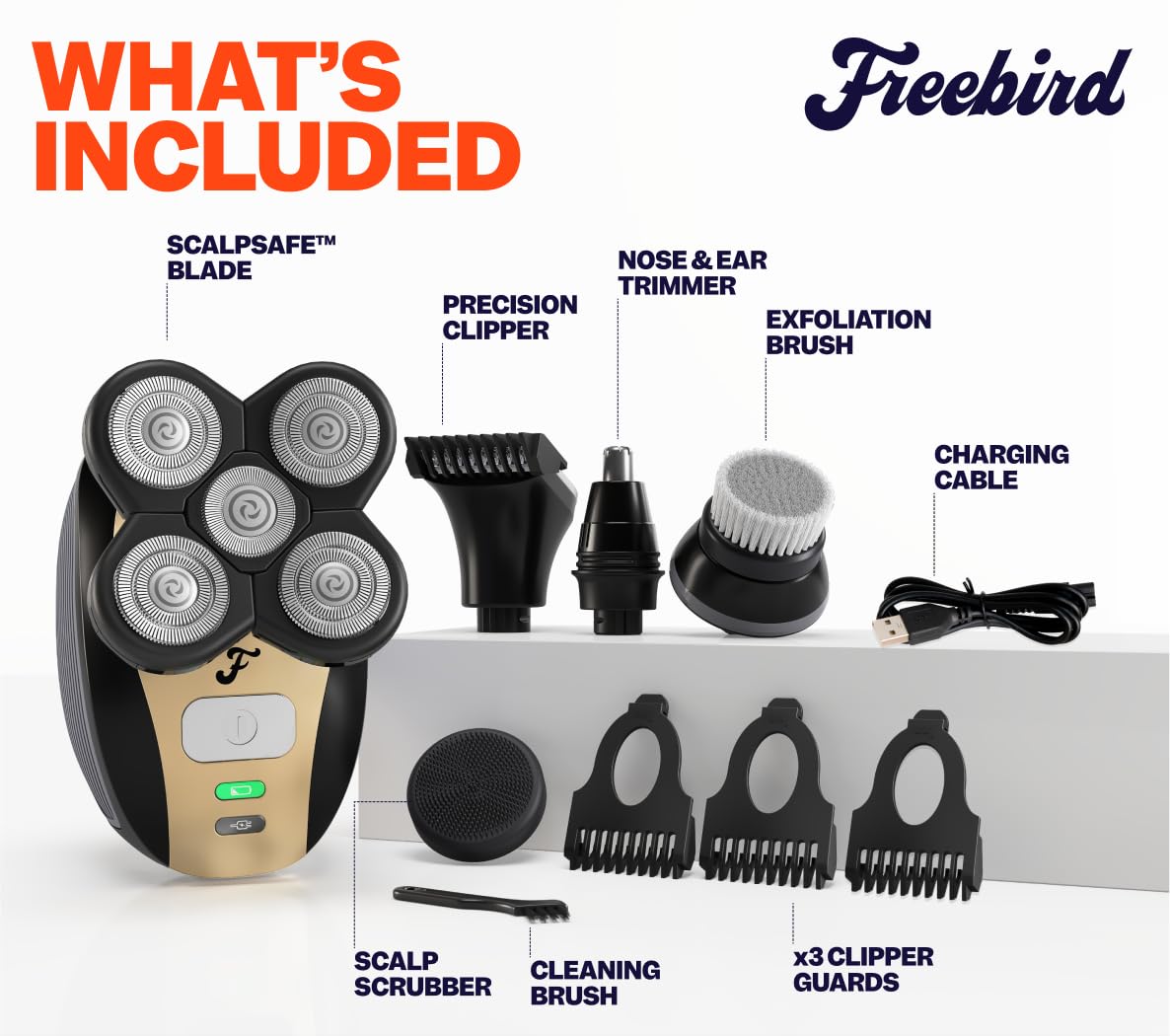 Freebird FlexSeries™ Shaver and Blade - Fast, Smooth, Water-Resistant Electric Head Shaver with 5 Flexible Blades, USB Rechargeable, Ideal for Bald Men and Women