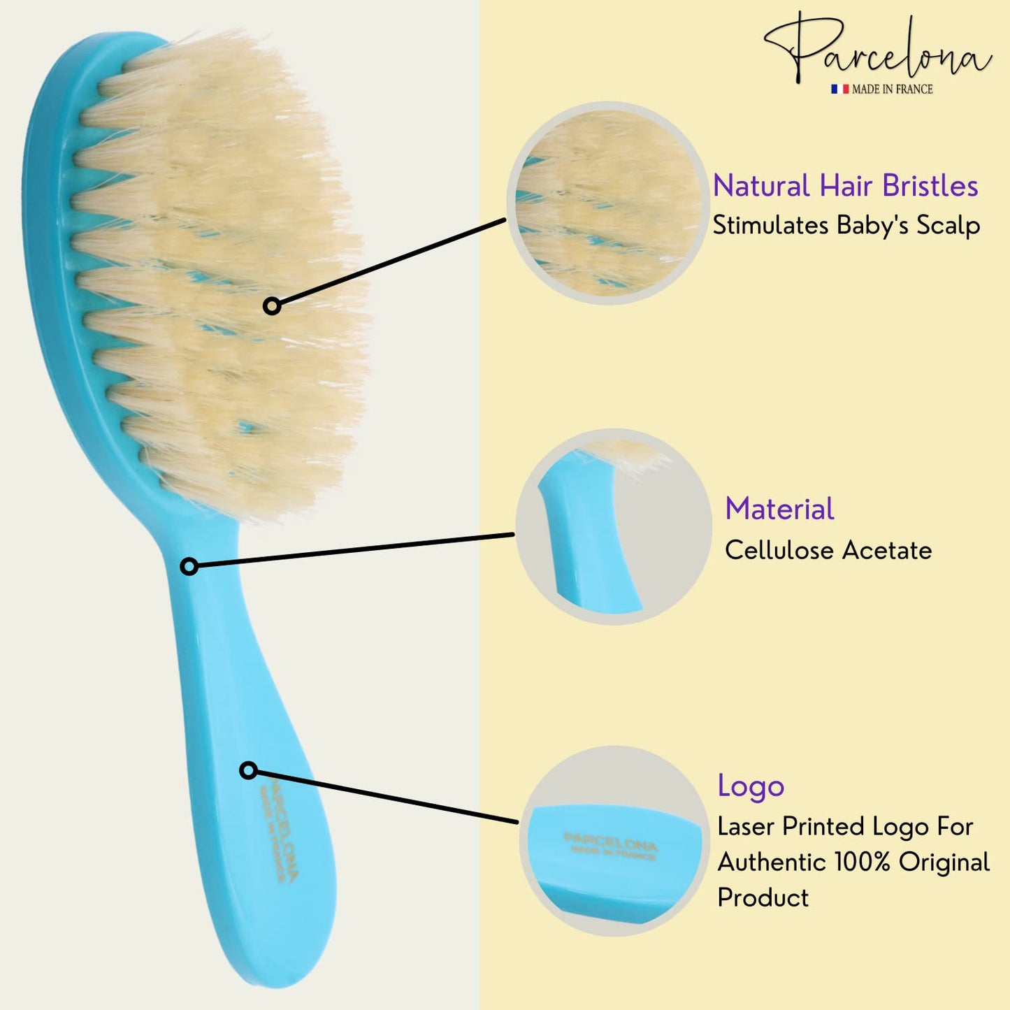 Parcelona French Grooming Combo White Blue and Brown 6” Celluloid Soft Natural Silk Bristles Baby Brush and Comb for Girls and Toddlers (Turquoise Blue)