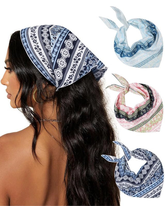 AWAYTR 3Pcs Hair Bandanas Head Kerchief for Women Girls Tie-Back Boho Hair Scarf Headband Bandana Triangle Head Scarf (Stripe Print - Pink/Light Blue/Navy Blue)