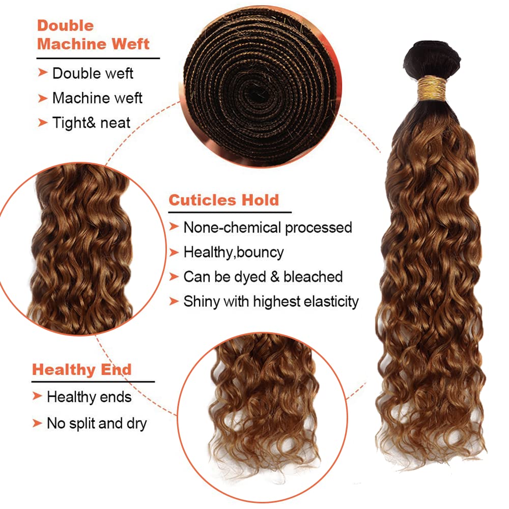 1b/30 Human Hair Bundles Ombre Water Wave Human Hair Bundles 24 Inch Color #30 Water Wave 1 Bundle Brazilian Remy Hair Extensions Light Brown Bundle Human Hair Weave