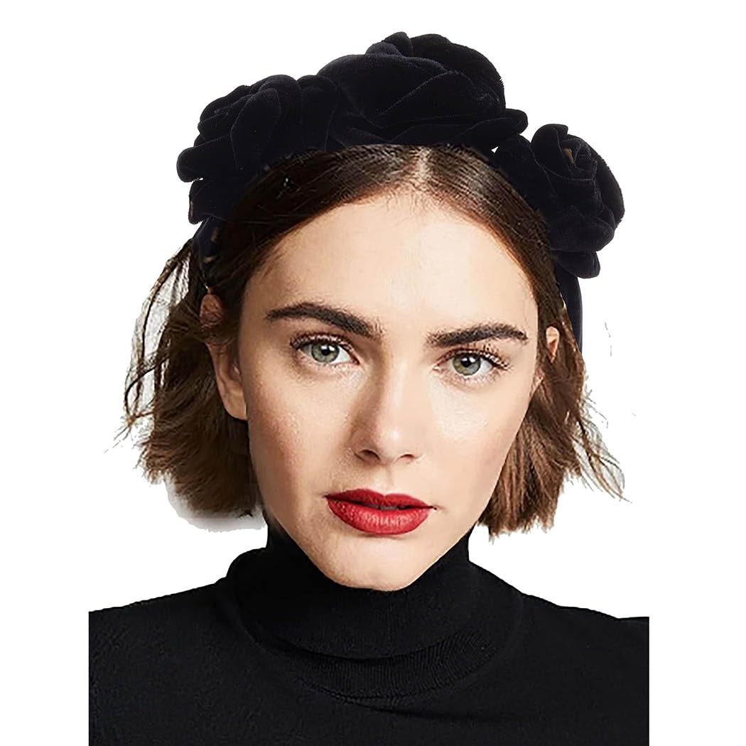 Blindery Elegant Headband Flower Headbands Velvet Hair Bands Rose Flower Hairband for Women and Girls (black)