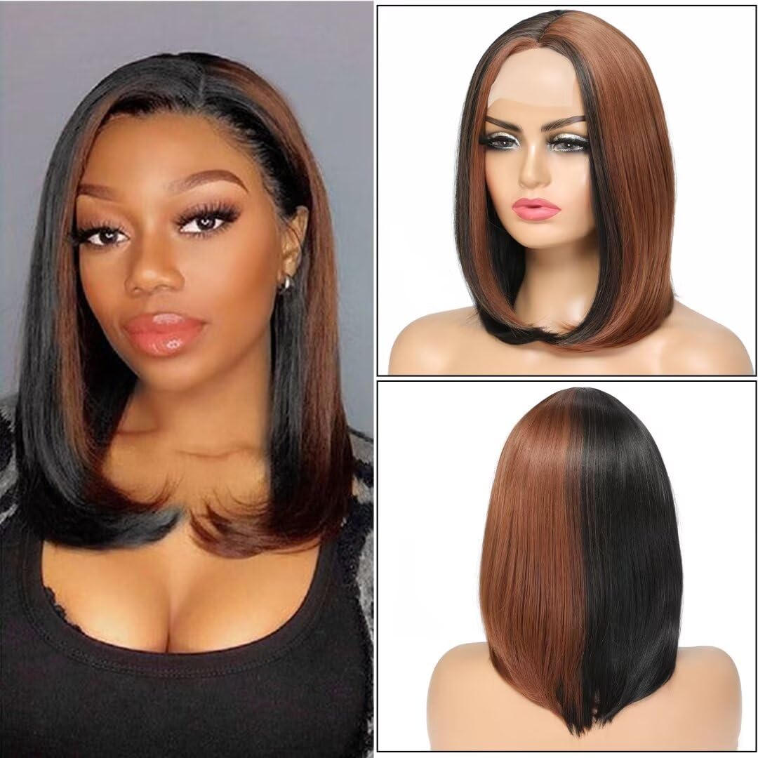 Aliesencia Highlight Bob Wig Short for Black Women Straight Synthetic Lace Wigs Natural Looking Heat Resistant Synthetic Hair Women's Wig(Black With Auburn Brown Strips)