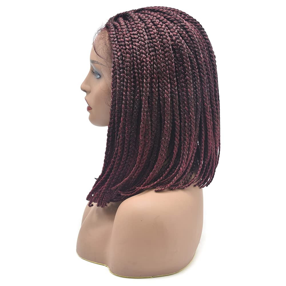 3”X3.8" Realistic Hand Tied Lace Front Box Braids Glueless Wig for Women Premium Quality Synthetic Lightweight Twist BOB Braided Wigs with Baby Hair Blonde Color (#1B/99JT Black Mix Wine Red)