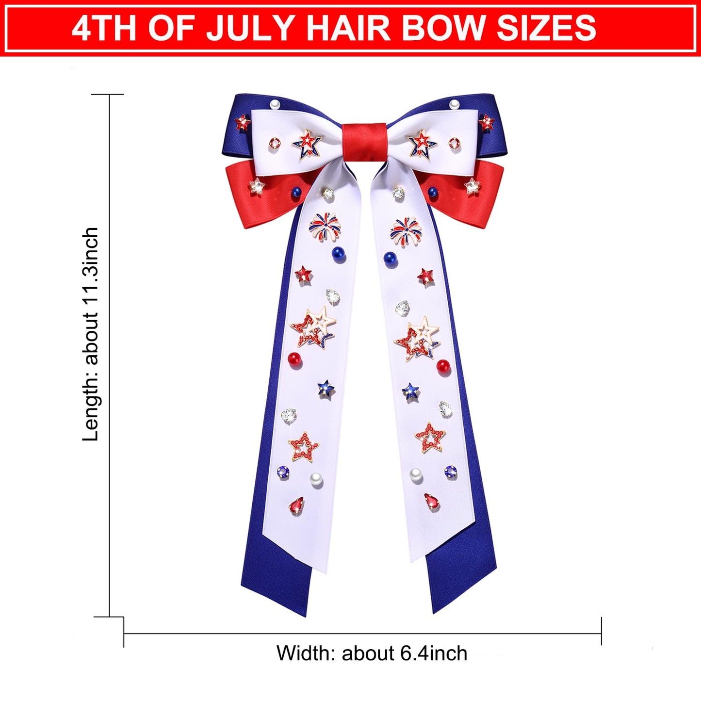 4th of July Women's Silky Satin Hair Accessories: Red, White, and Blue Star Patriotic Ribbons, Bows, and Clips for American Flag Outfits and Gifts (White 7)