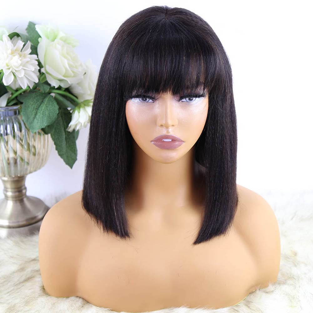 Y WIGS Yaki Straight Human Hair Wig with Bangs Glueless Short Bob Wig Human Hair 2x1 Lace Bob Wig with Bangs 12" 150% Density NC