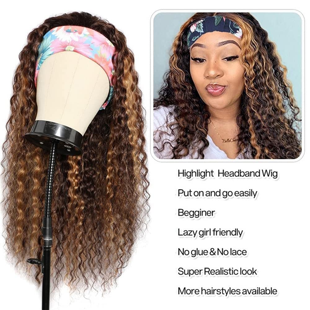 YiweYowe 28 Inch P4/27 Highlight Headband Wig Human Hair Deep Wave Brown Wig Human Hair Glueless Brazilian Virgin Hair Machine Made Wig 150% Density None Lace Front Wig Honey Blonde Colored