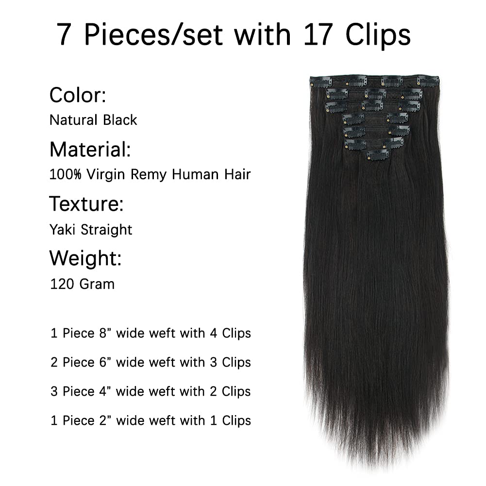Yuniffe Yaki Straight Clip in Hair Extensions for African American Relaxed Hair Yaki Clip in Hair Extensions Human Hair for Black Women 7Pieces/Set 120 Gram 20 Inch