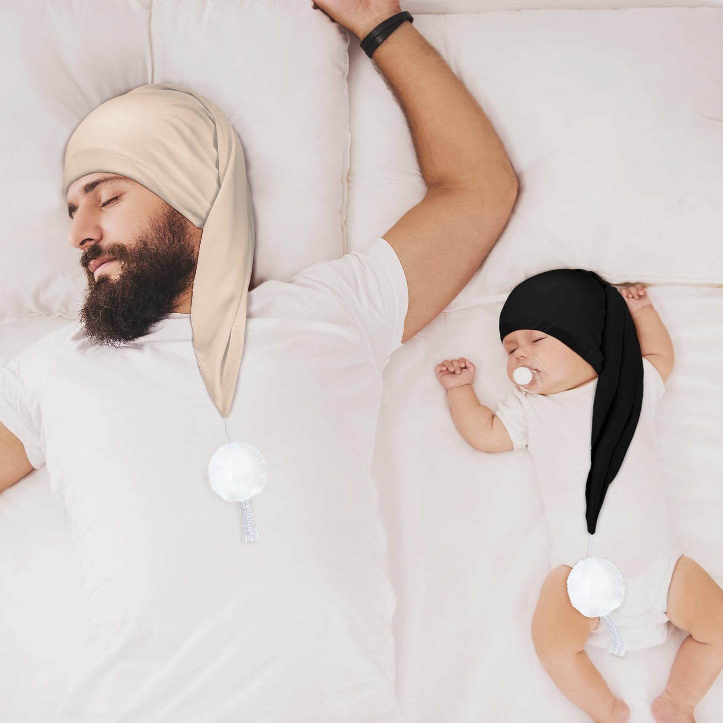 2 Pcs Silk Night Sleeping Cap Men Adjustable Stocking Cap Drawstring Night Sleeping Cap with Pom Ball for Daily Use (Black, Khaki)