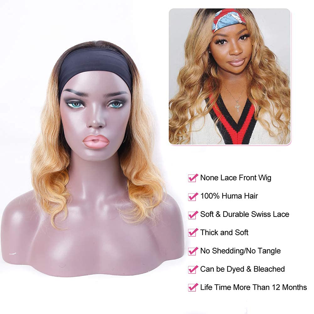 YiweYowe 26 Inch Blonde Body Wave Headband Wig Human Hair Full Head Machine Made Half Wigs Grade 8A 1B27 Ombre Dark Roots To Blonde Headband Wig Human Hair No Lace Brazilian Hair Wig For Women