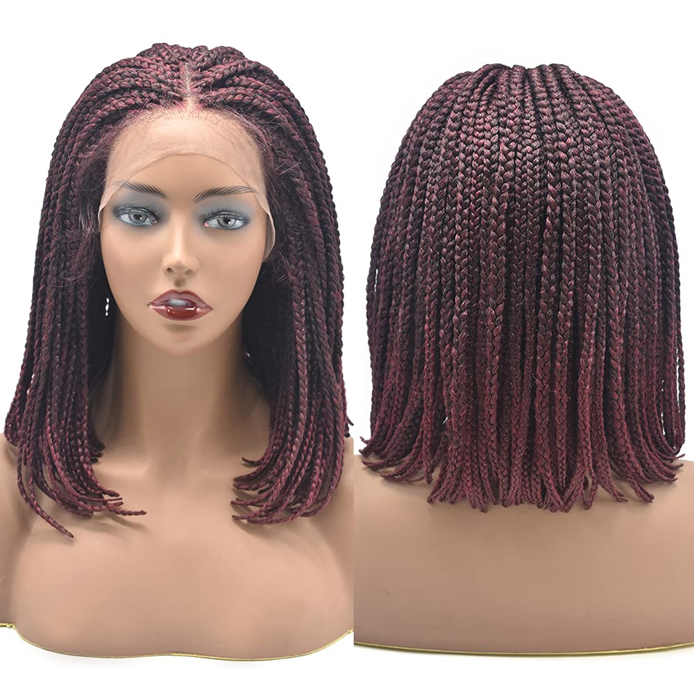 3”X3.8" Realistic Hand Tied Lace Front Box Braids Glueless Wig for Women Premium Quality Synthetic Lightweight Twist BOB Braided Wigs with Baby Hair Blonde Color (#1B/99JT Black Mix Wine Red)
