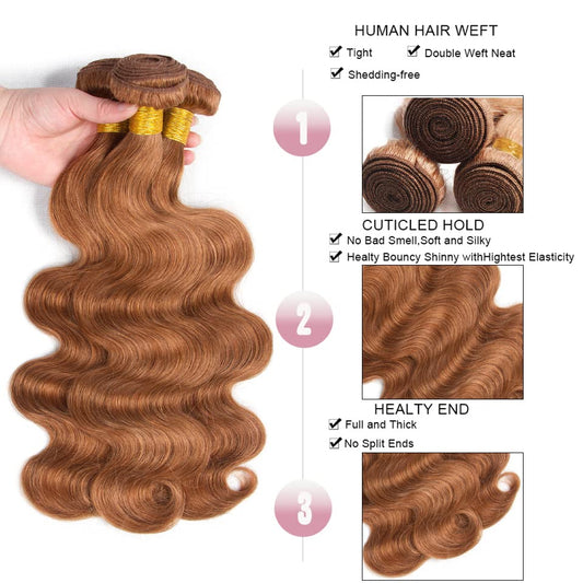#30 Brown Body Wave Bundles Human Hair Light Brown Body Wave Bundles Color 30 Brown Human Hair Bundles Double Weft Brazilian Human Hair Wet and Wavy Extensions 24 26 28 inch 3 Bundles