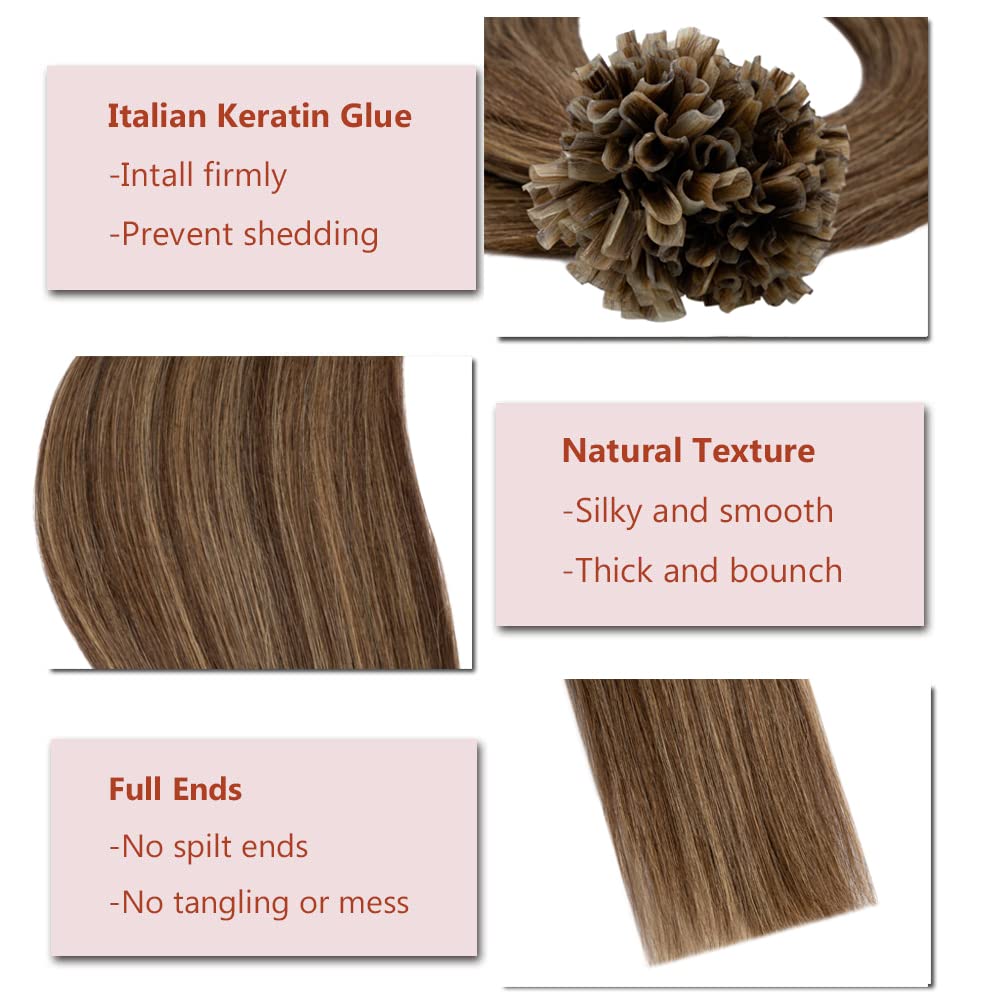 Rich Choices U Tip Hair Extensions Human Hair,100 Strands 0.5g/Strand K Tip Real Remy Human Hair Extensions Nail Tip K Tip Keratin Hair Extension 22 Inch #4P27 Medium Brown Highlight Dark Blonde