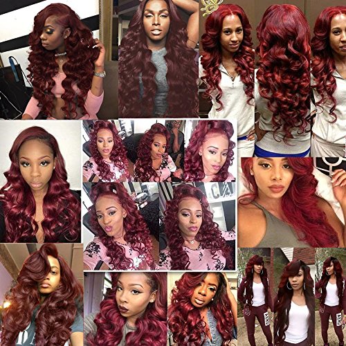 99J Burgundy Loose Deep Wave Human Hair Wefts 3 Bundles With 4x4 Lace Closure Brazilian Hair Extentions Red Wine Color Free Part 4x4 Hand tied Lace Closure (10"12"14"+10"closure, Burgundy/99J)