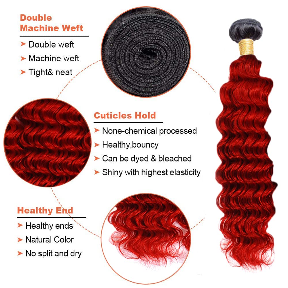 Ombre Human Hair Bundles Red Deep Wave Bundle Human Hair Weave 3 Bundles 12 14 16 Inch Double Weft 2 Tone Black and Bright Red Wet and Wavy Bundles Human Hair for Black Women