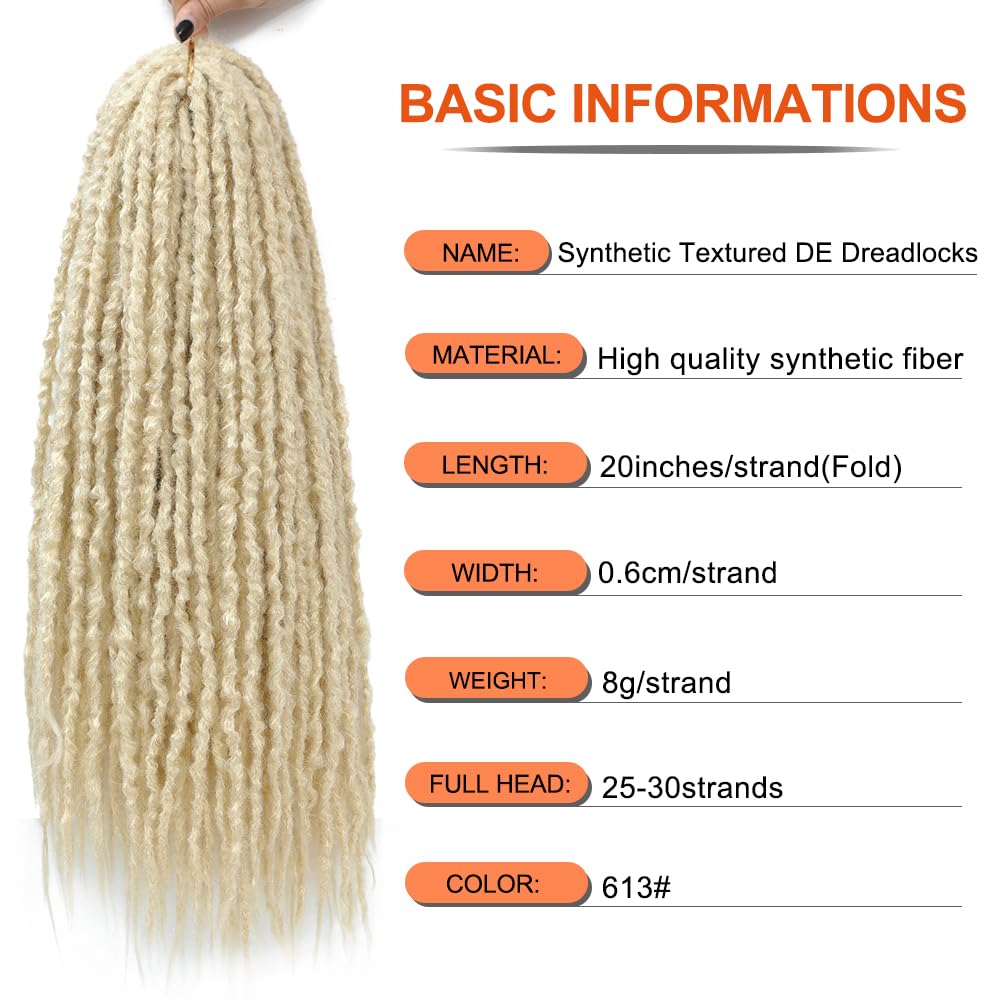 Ajsowju Textured Dreadlock Synthetic Double Ended Textured Dreadlock Extensions 20inches 25 Strands Thin Soft DE Dreadlock Extension for Women (613#, 25 Strands)
