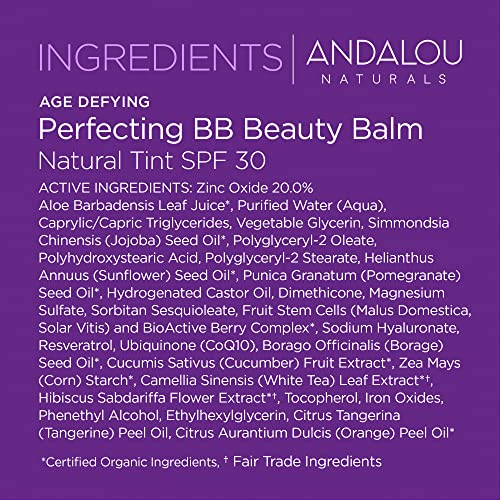 Andalou Naturals Perfecting BB Beauty Balm Natural Tinted Moisturizer with SPF 30, 2-in-1 BB Cream & Face Sunscreen with Broad Spectrum Protection, Mineral Sunscreen with Non-Nano Zinc Oxide, 2 Fl Oz