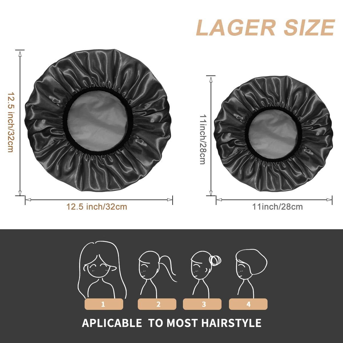 Aquior Shower Cap, Extra Large Shower Cap for Men, Satin EVA Double Layer Waterproof Reusable Hair Cap for Women Long Hair(All Black 4 Pack)