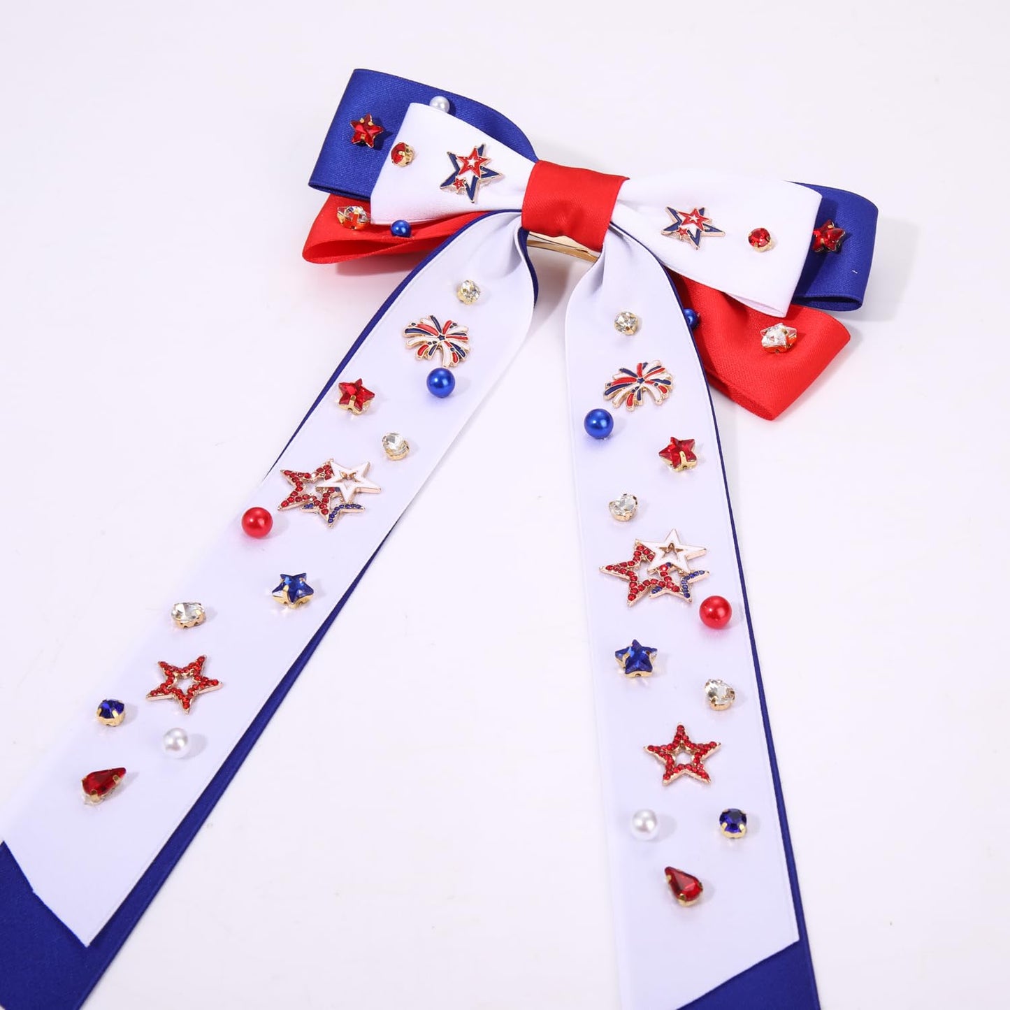 4th of July Women's Silky Satin Hair Accessories: Red, White, and Blue Star Patriotic Ribbons, Bows, and Clips for American Flag Outfits and Gifts (White 7)