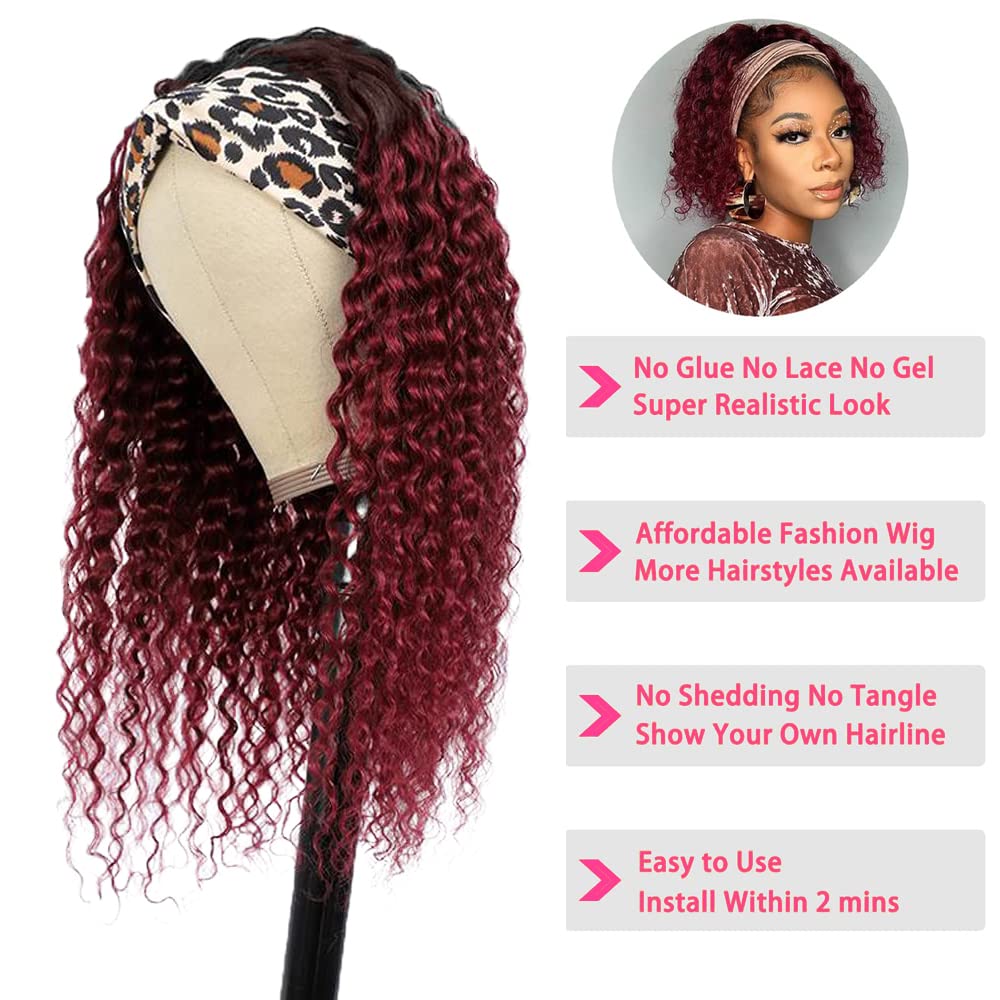 YiweYowe 30 Inch 1B99J Red Headband Wig Human Hair Burgundy Deep Wave Headband Wigs Two Tone Ombre Human Hair Wigs 150% Density Grade 8A Unprocessed Virgin Hair Wigs Headband Wig Wine Red Color