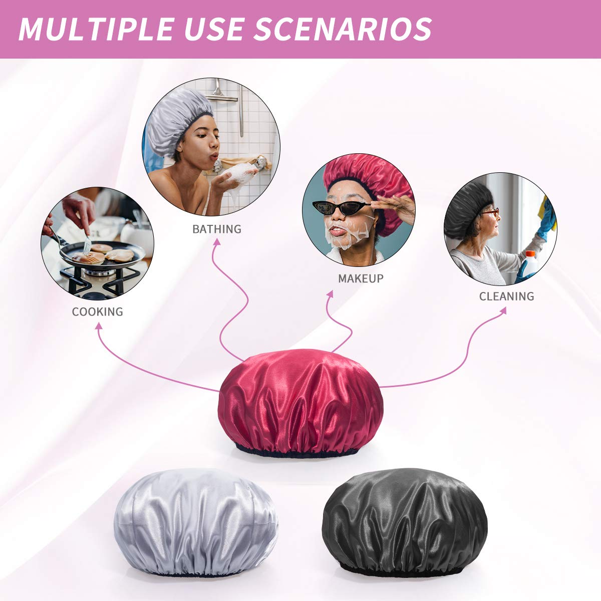 Aquior Shower Caps, Extra Large for Women Long Hair, Double Layer Waterproof Reusable Hair Cap 4 Pieces