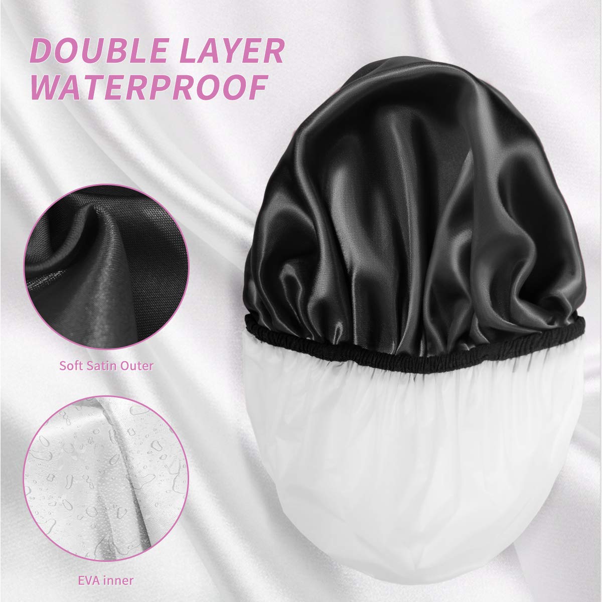 Aquior Shower Caps, Extra Large for Women Long Hair, Double Layer Waterproof Reusable Hair Cap 4 Pieces