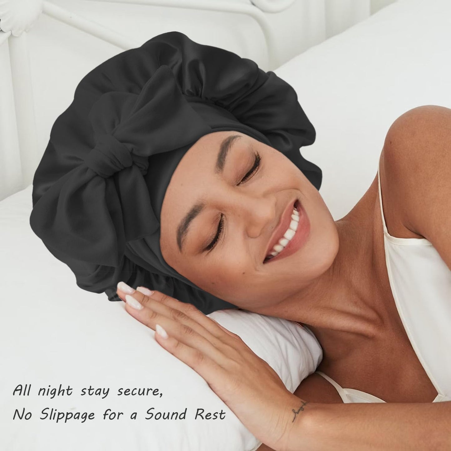 Satin Bonnet Silk Bonnet for Sleeping Women Hair Bonnet for Curly Hair Head Wrap Scarf Night Sleep Cap Bonnets for Black Woman Hair Accessories for Women Men Girls with Elastic Tie Band(Black)