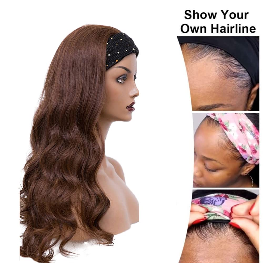 YiweYowe #4 Chocolate Brown Body Wave Headband Wig Human Hair 30 Inch #4 Brown Color 150% Density Glueless None Lace Front Wig Brazilian Virgin Hair Wear and Go Wigs for Black Women