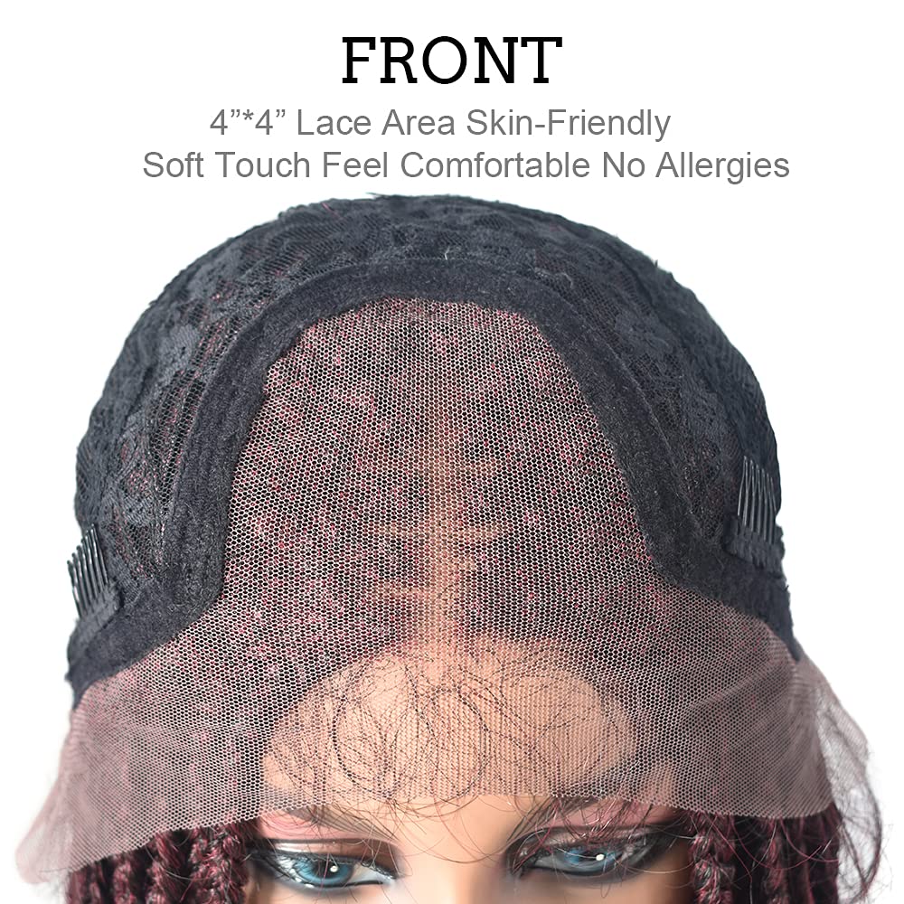 3”X3.8" Realistic Hand Tied Lace Front Box Braids Glueless Wig for Women Premium Quality Synthetic Lightweight Twist BOB Braided Wigs with Baby Hair Blonde Color (#1B/99JT Black Mix Wine Red)