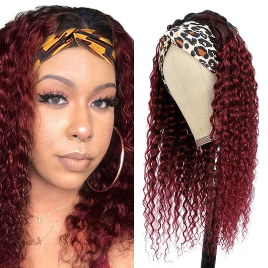 YiweYowe 30 Inch 1B99J Red Headband Wig Human Hair Burgundy Deep Wave Headband Wigs Two Tone Ombre Human Hair Wigs 150% Density Grade 8A Unprocessed Virgin Hair Wigs Headband Wig Wine Red Color