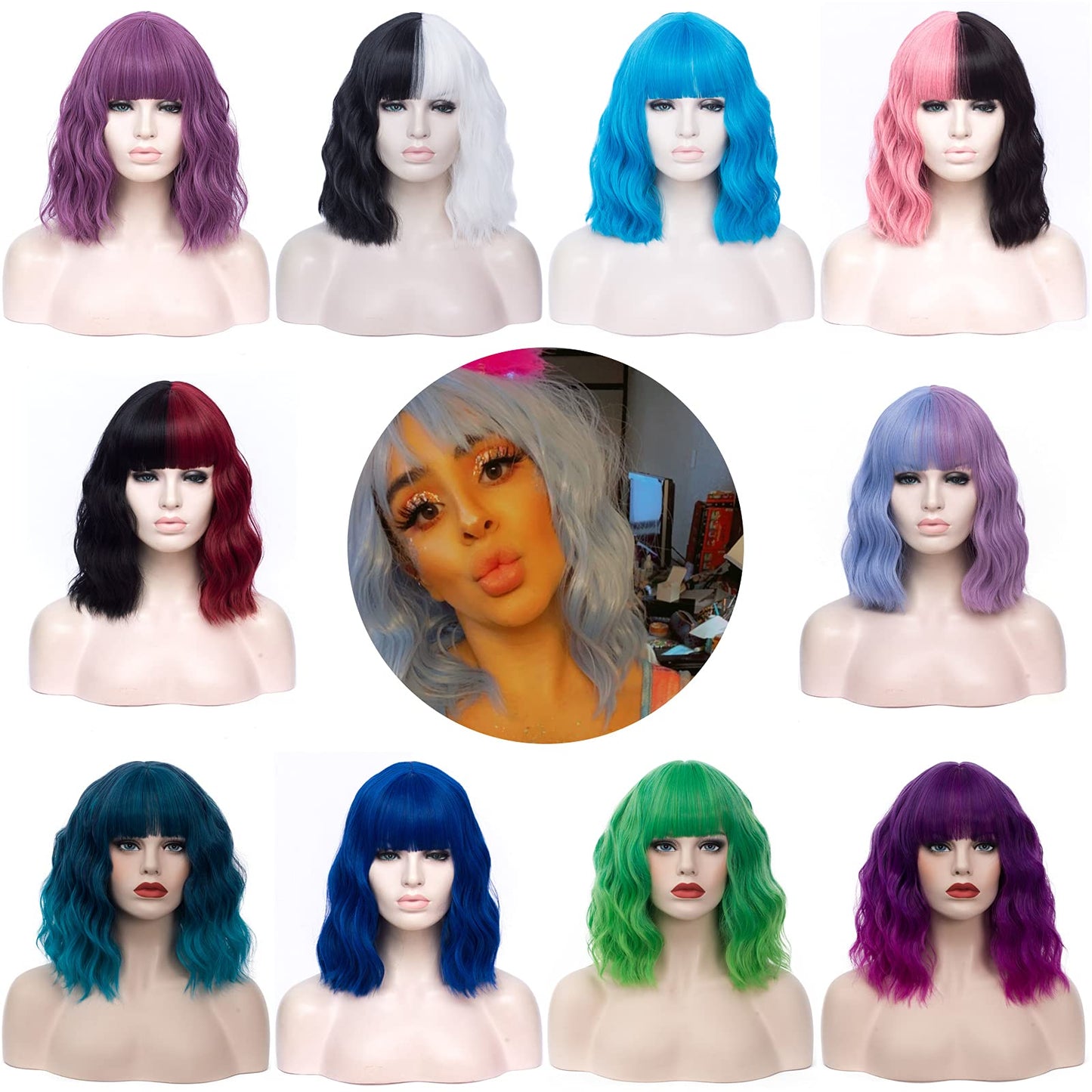 WGPFWIG Women's Mint Green Wig Short Curly Wavy Wig Shoulder Length Flat Bangs Wig For Women Girl Cosplay Party Halloween Wig Cap Included (Mint Green-20)