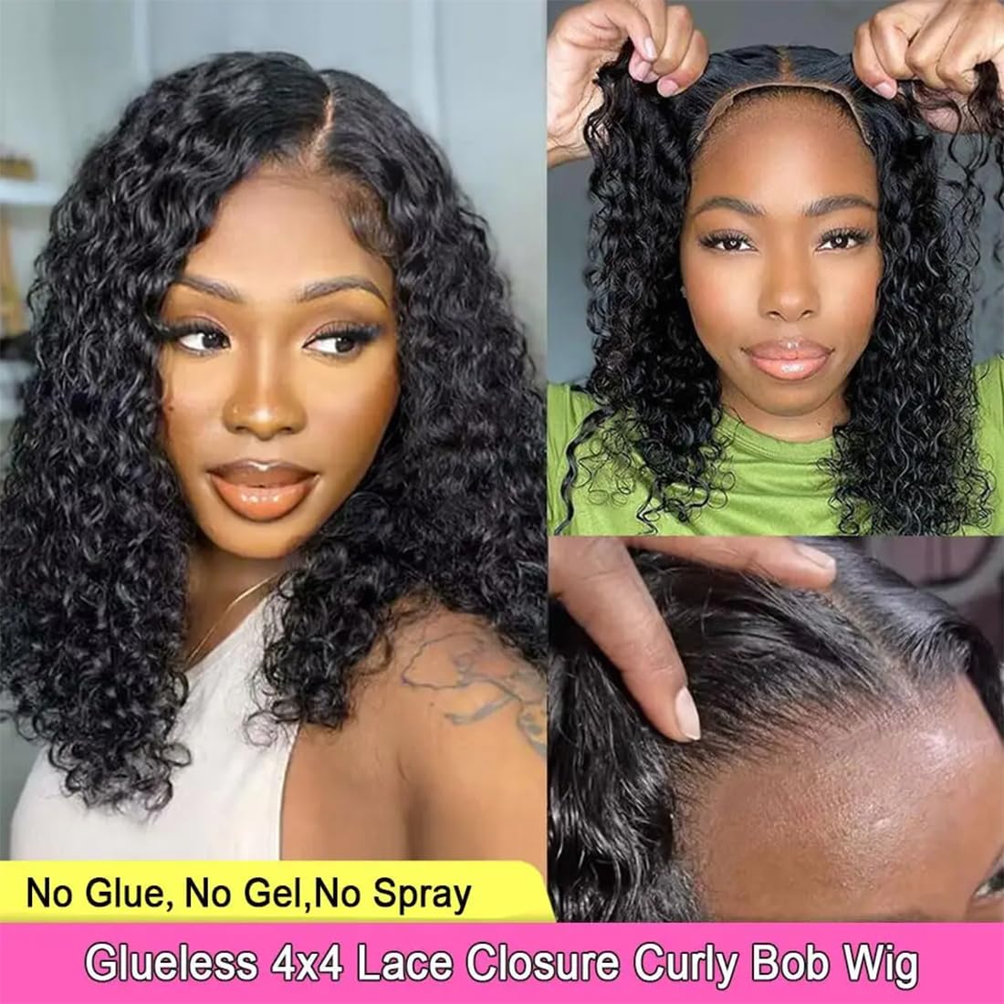 Real Wear And Go Short Curly Wig Human Hair 180% Density Black Water Wave Bob Wigs Human Hair Glueless Pre-cut 4x4 Lace Closure Wig Brazilian Human Hair 10Inch