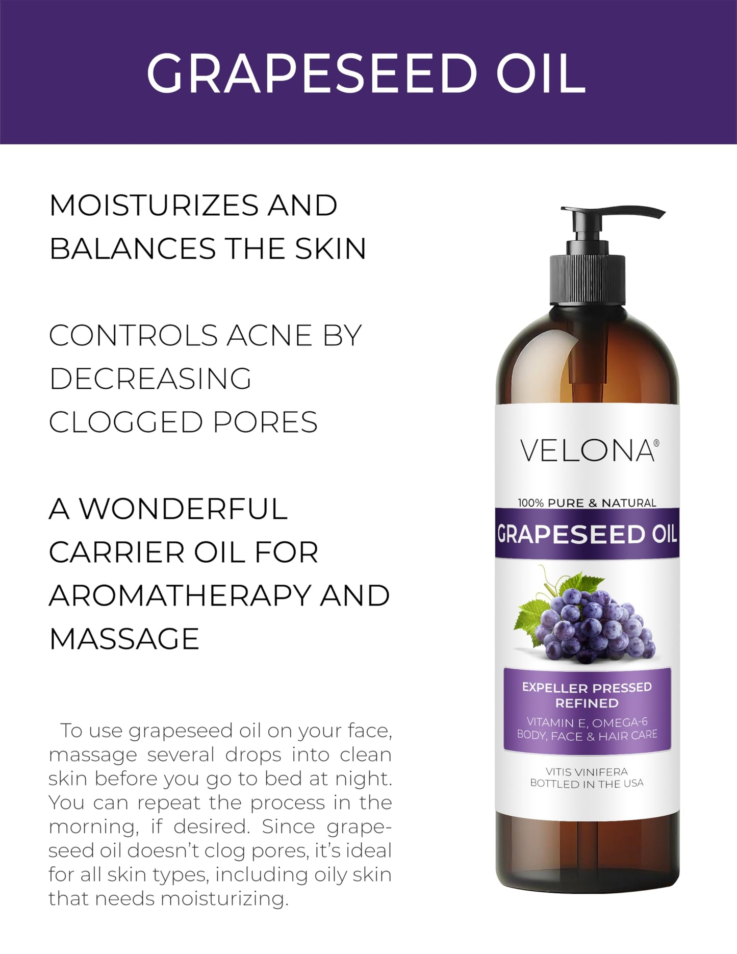 velona Grapeseed Oil 8 fl oz | 100% Pure and Natural Carrier Oil | Refined, Cold pressed | Cooking, Skin, Face, Body, Hair Care | Use Today - Enjoy Results