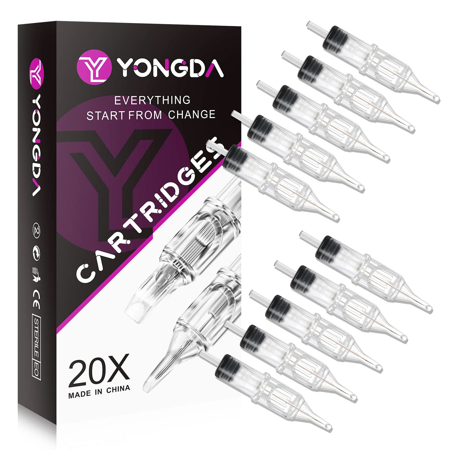 YONGDA Tattoo Needles Cartridges 20pcs 1005RL Disposable Tattoo Cartridge Needles Round Liner for Beginners or Artists and Rotary Machine