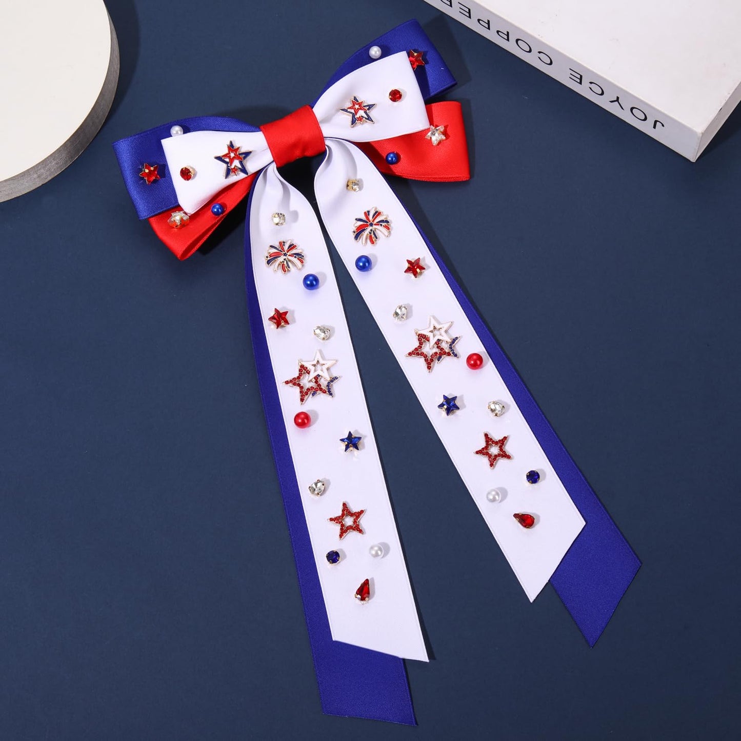 4th of July Women's Silky Satin Hair Accessories: Red, White, and Blue Star Patriotic Ribbons, Bows, and Clips for American Flag Outfits and Gifts (White 7)