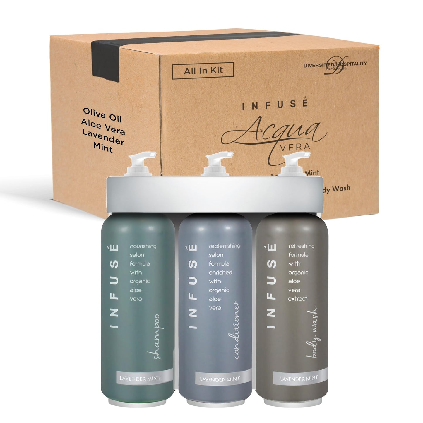 Acquavera Triple Bracket (Silver) with Infuse Lavender Mint Shampoo, Conditioner and Body Wash