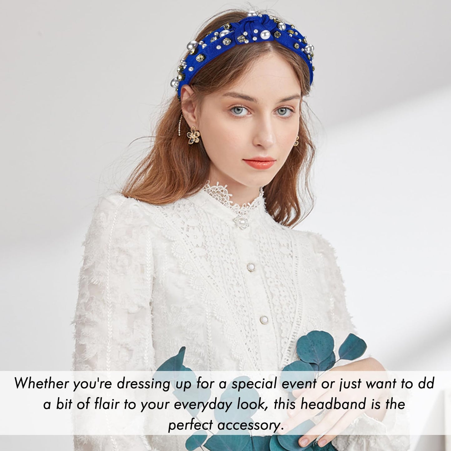 Zkptops Knotted Headband Pearl Rhinestone Headband for Women Beaded Wide Cute Adults Headwear Turban Bride Hairband Fashion Non Slip Sparkly Headpiece Hair Accessory Bachelorette Party Gift(Navy Blue)