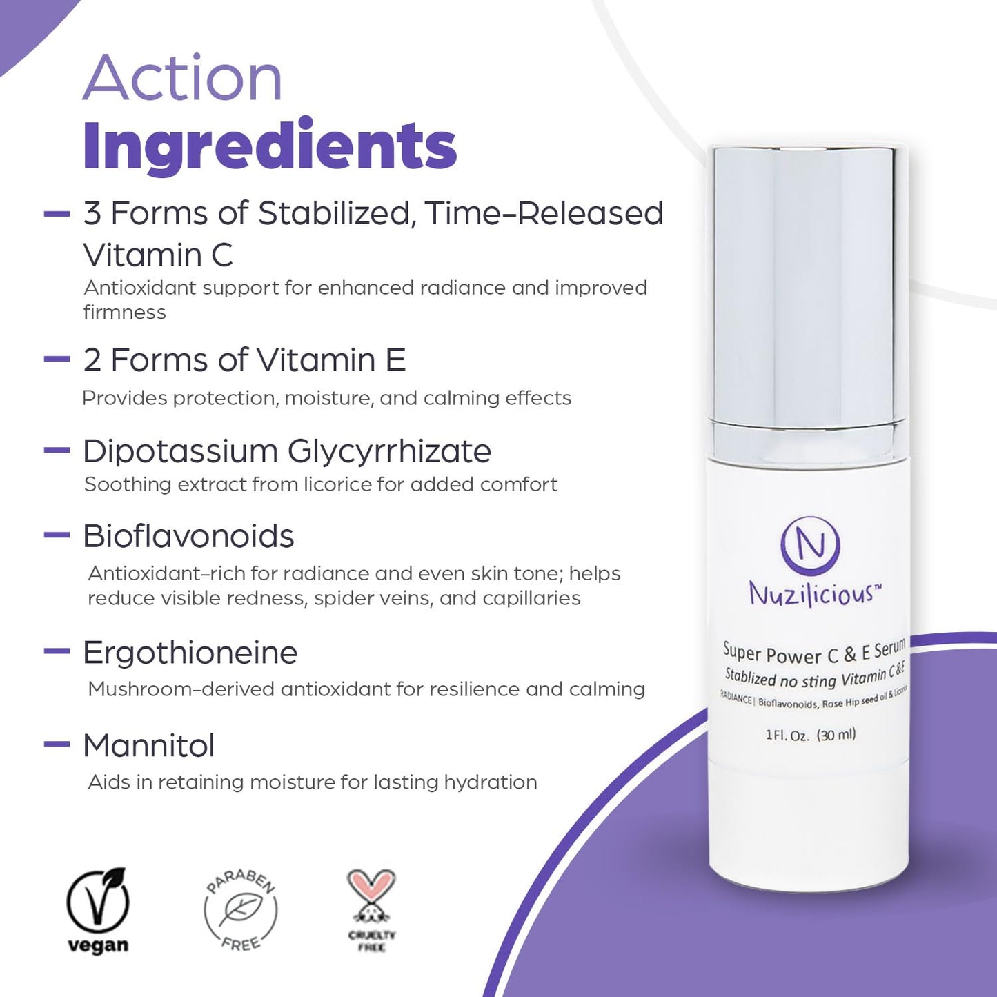 Nuzilicious Professional Grade Super C & E Serum – Vitamin C & E for Radiant, Youthful Skin, Stabilized Formula, Vegan & Cruelty-Free Glow-Up Serum, 1 oz