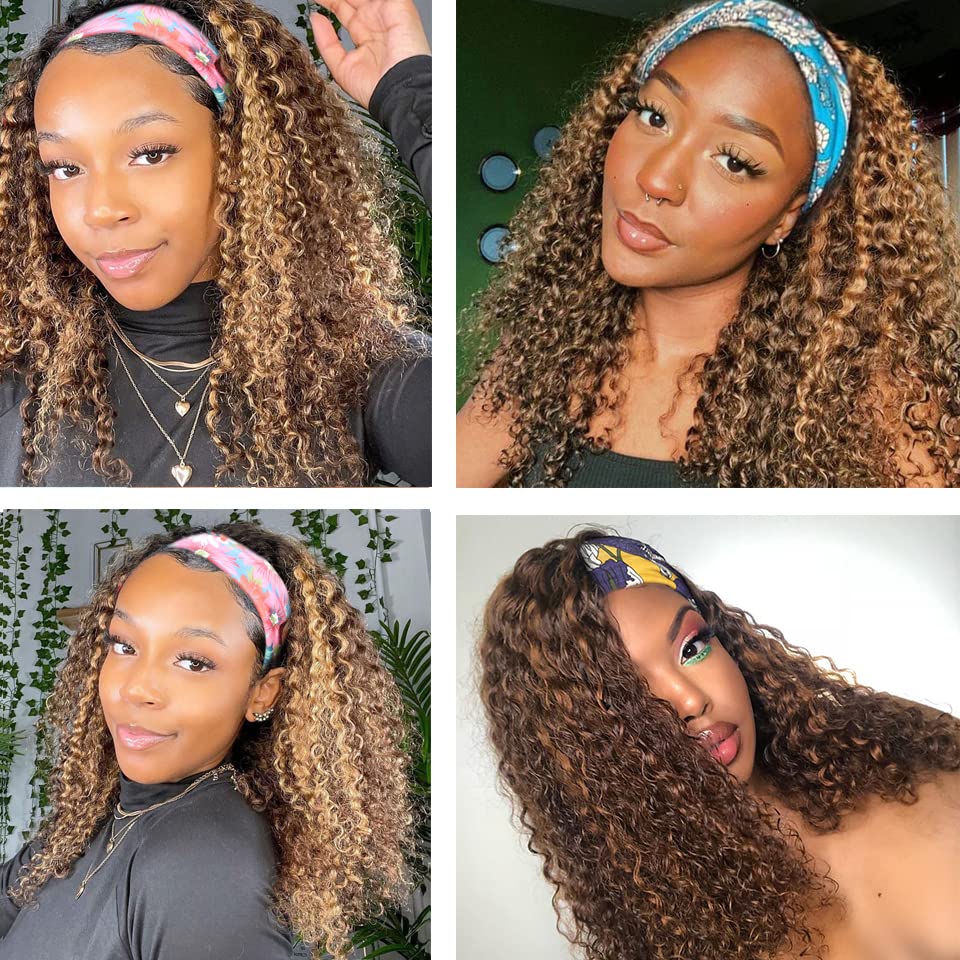 YiweYowe 30 Inch Ombre Blonde Headband Wig Human Hair P4/27 Highlight Honey Blonde Curly Wave Wig None Lace Wig Grade 8A Brazilian Remy Hair 150% Density Full Head Machine Made Half Wigs