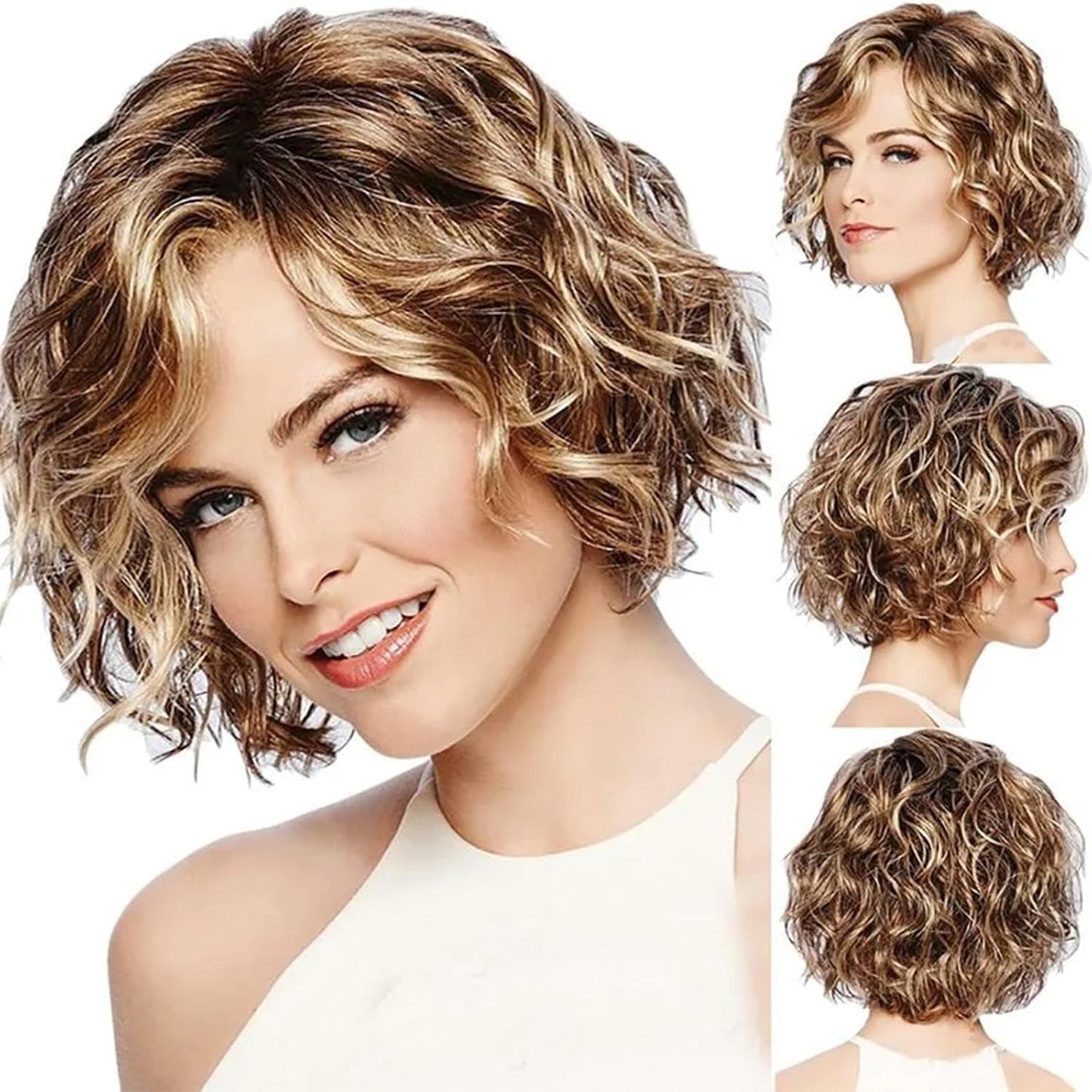 Aisaide Short Highlight Brown Curly Bob Wig Ombre Blonde Wavy Bob Wigs for Women Short Wavy Bob Wig Highlight Brown Layered Hair Wig Natural Synthetic Medium Length Wig for Daily Use